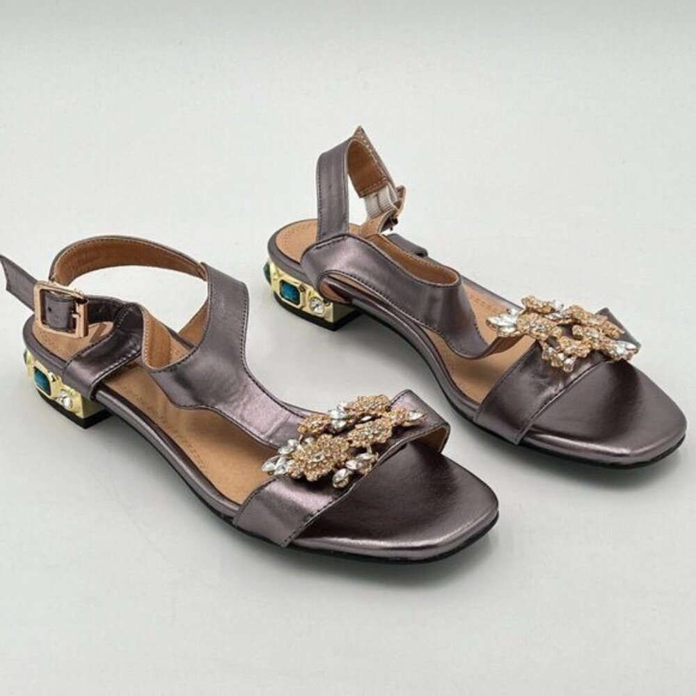 Light Grey Open Toe T Strap Crystal Chunky Heels Ankle Strap Sandal Bridal Shoes